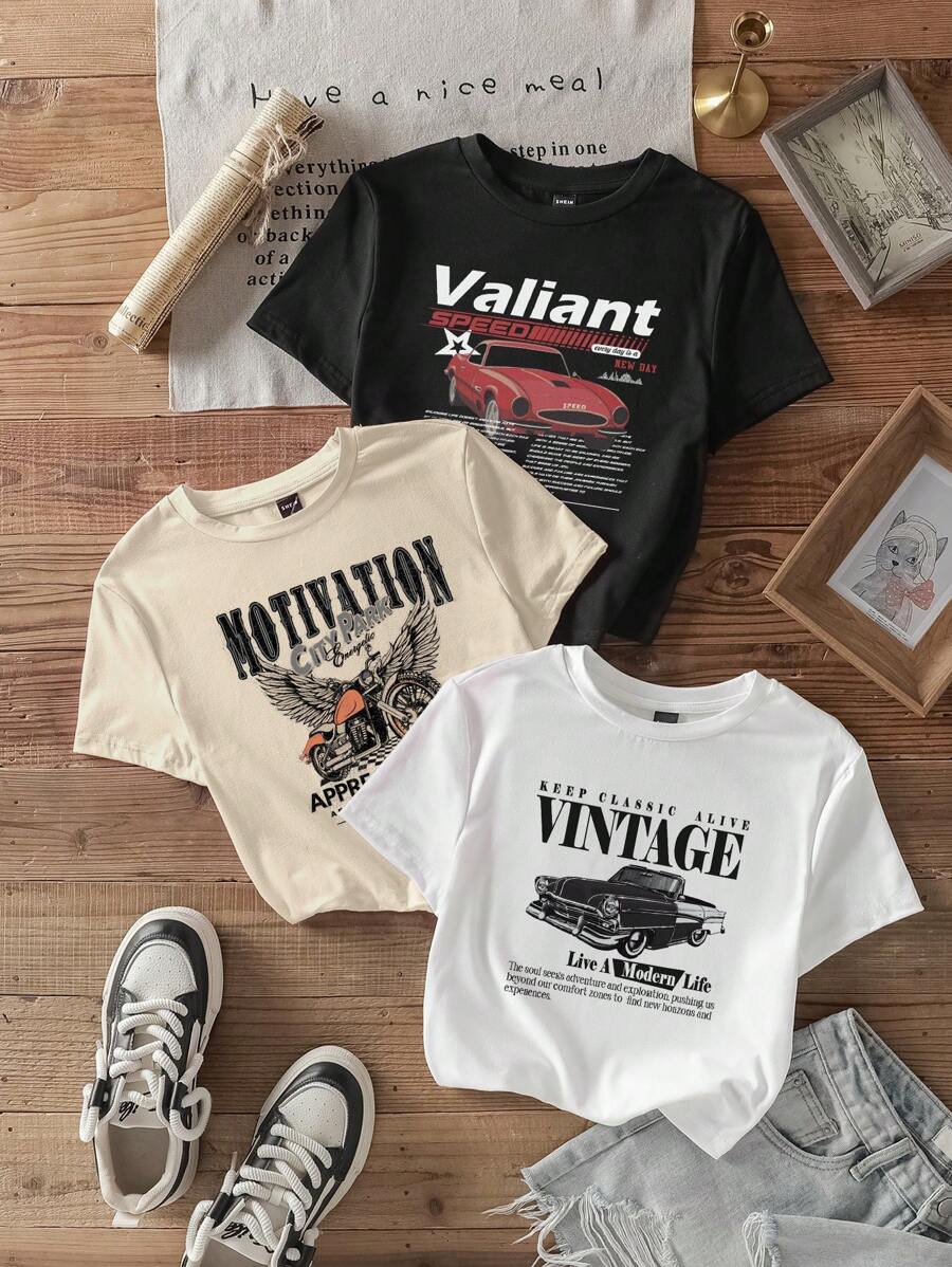Attitoon Set de 3 camisetas de manga corta, cuello redondo, ajustadas, cortas, con estampados de motocicleta con alas, coche retro y vintage, adecuadas para el verano, para mujer