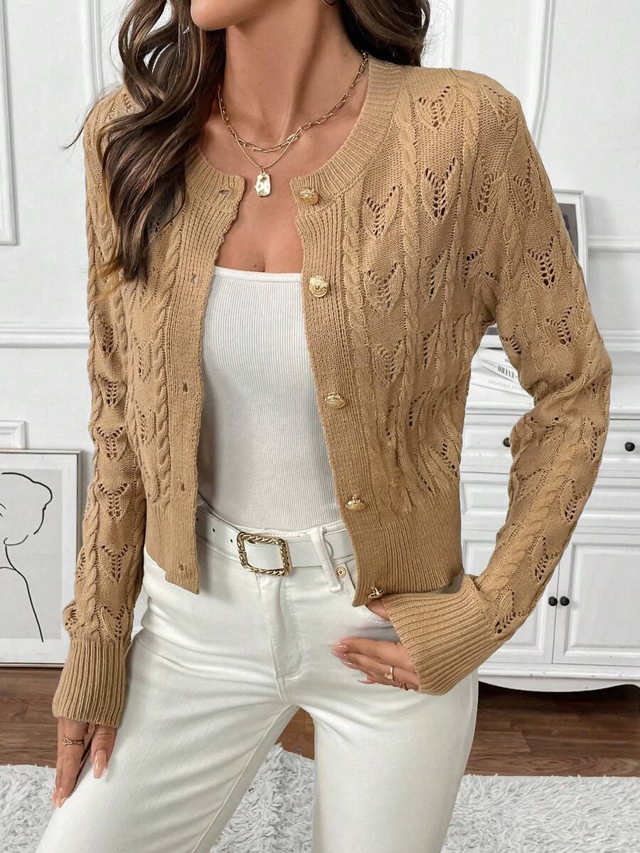 SHEIN Clasi Women Autumn Front Button Jacquard Textured Soft Cardigan,Cardigans In Women,Sweater
