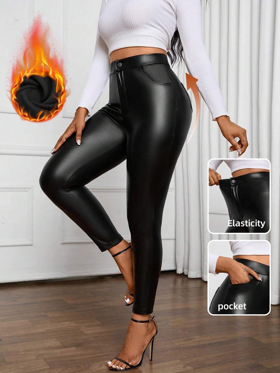 SHEIN Lady Autumn And Winter Leggings Fleece Leggings Black PU Fabric Windproof And Warm Women's Leggings, Elegant And Simple Going Out Wear Thermal Lined Women's Leggings