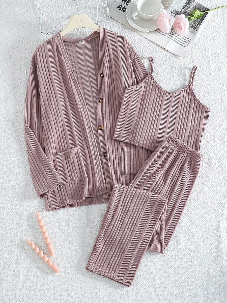 3pcs/Set Teenage Girls Jacquard Vertically Ribbed Long Sleeve Top And Pants Camisole Loungewear Set, Light Pink