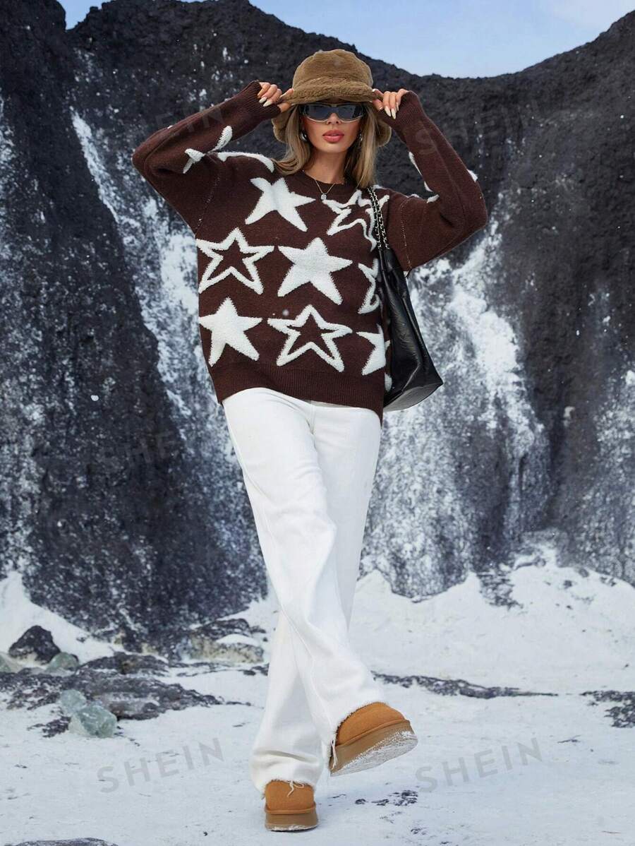 Aveloria Affinna Suéter de mujer informal de estilo callejero y de moda joven con bloqueo de colores estrellados y bordado 3D de invierno