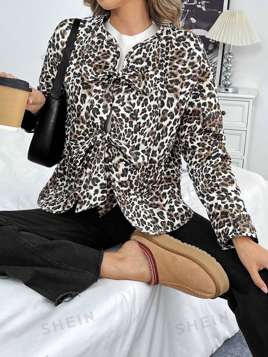 Chiquease Abrigo acolchado y forrado con cremallera frontal y lazo en patrón de leopardo para mujer para otoño e invierno, térmico