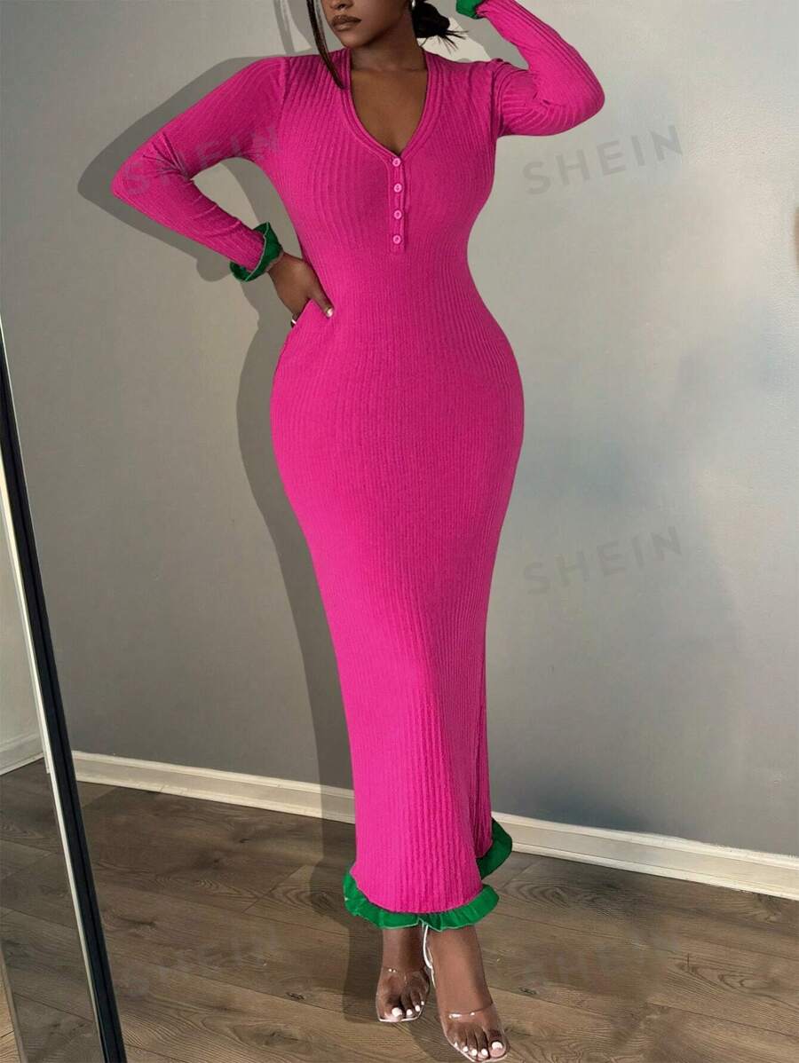 Slaydiva Nuevo vestido largo casual y elegante de mujer con cuello en V, mangas largas, puños y bajo en contraste verde, bajo ancho acanalado y silueta ajustada en color rojo rosa.
