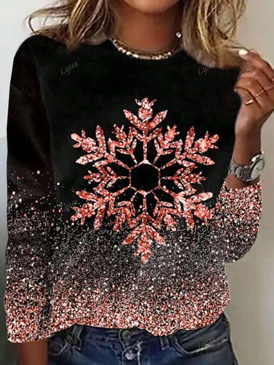 Glitter Top Dames Ronde Hals Lange Mouw T-shirt Met Verloop Sneeuwvlok Print, Casual Nieuwjaarsfeestkleding, Herfst/Winter