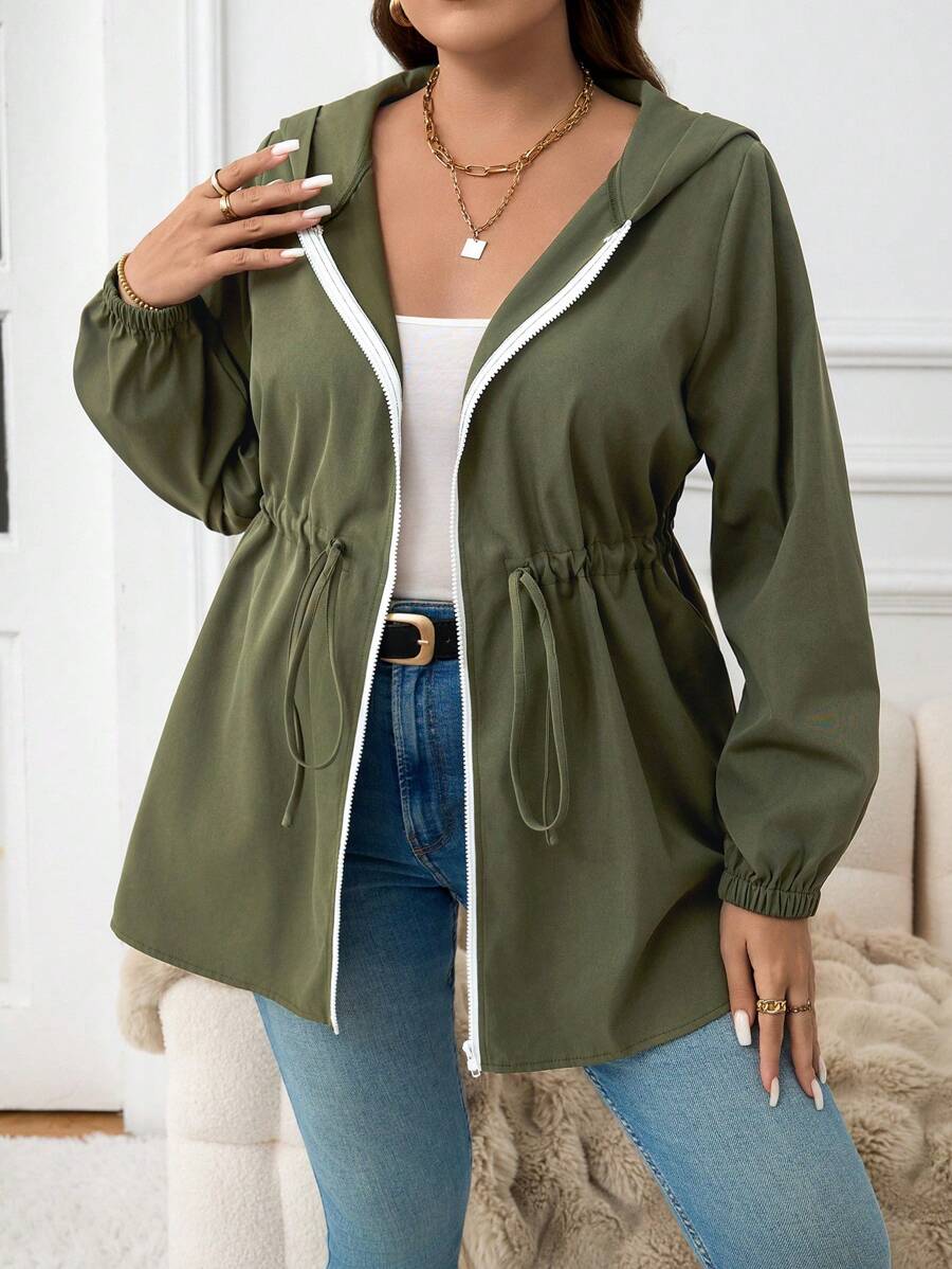 SHEIN LUNE Plus Size Women Casual Solid Color Lantern Sleeve Drawstring Waist Zipper Front Hooded Coat, Autumn Winter Green Holiday Outfit Thermal