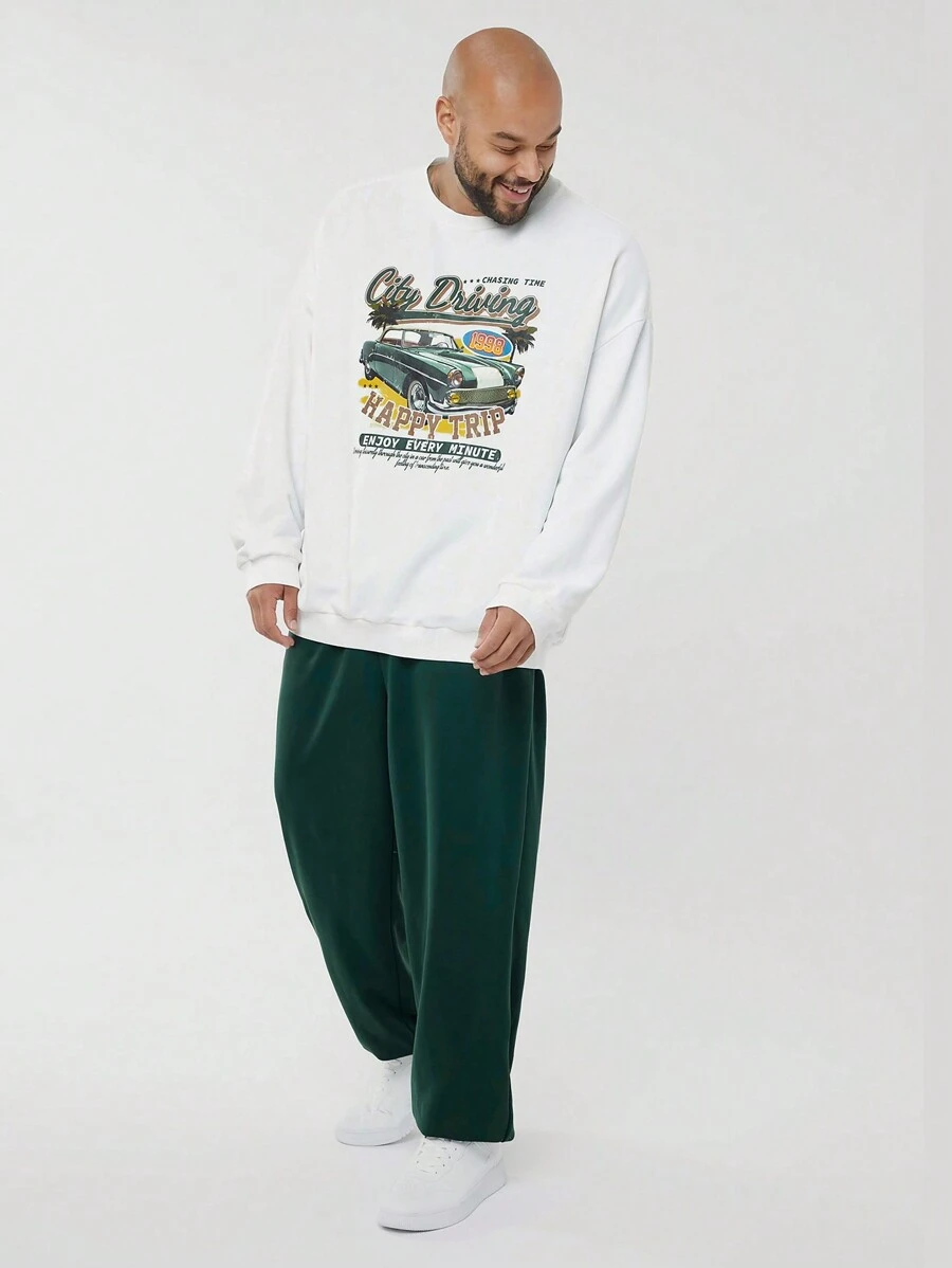 Manfinity NXTstreet Plus Size Men Casual Knitted Long Sleeve Car Pattern Hoodie And Drawstring Jogger Pants Set