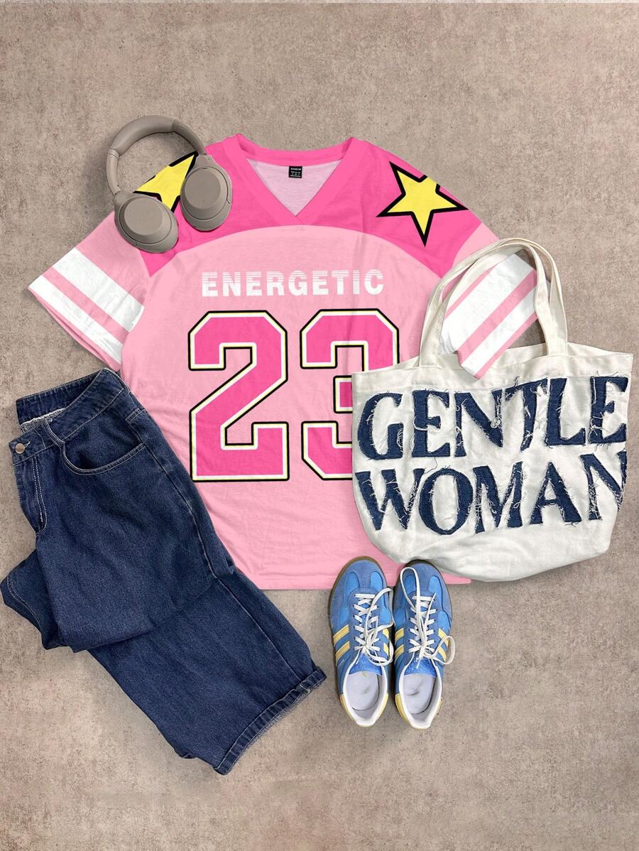SHEIN EZwear Casual Street Style Pink Colorblock Big Number Print V-Neck Oversized Short Sleeve T-Shirt For Women, Summer