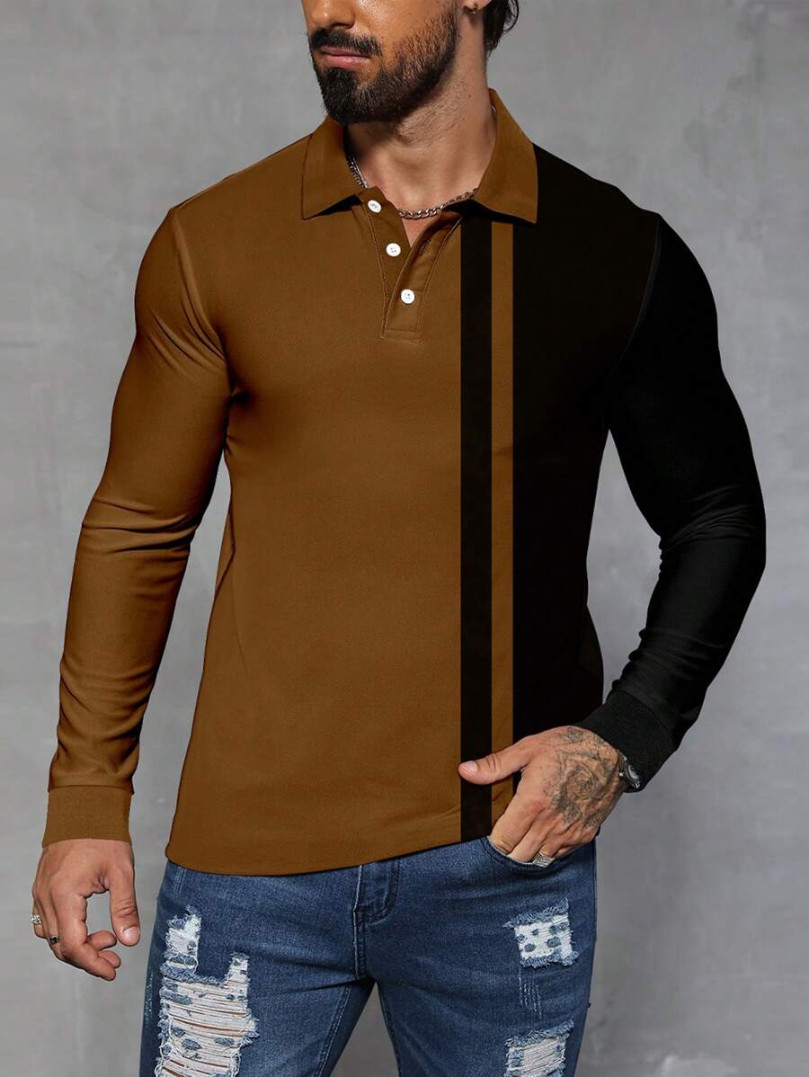 Manfinity Homme Men's Color Block Long Sleeve Casual Loose Polo Shirt, Spring Autumn