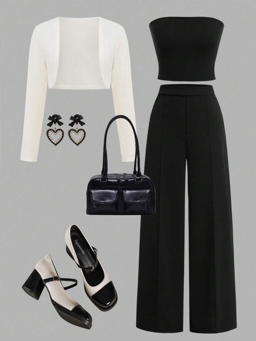 Sweetra Young 3pcs/Set Teenage Girls Elegant Imitated Commuter Simple Vest & Camisole & Pants Set, Autumn Winter