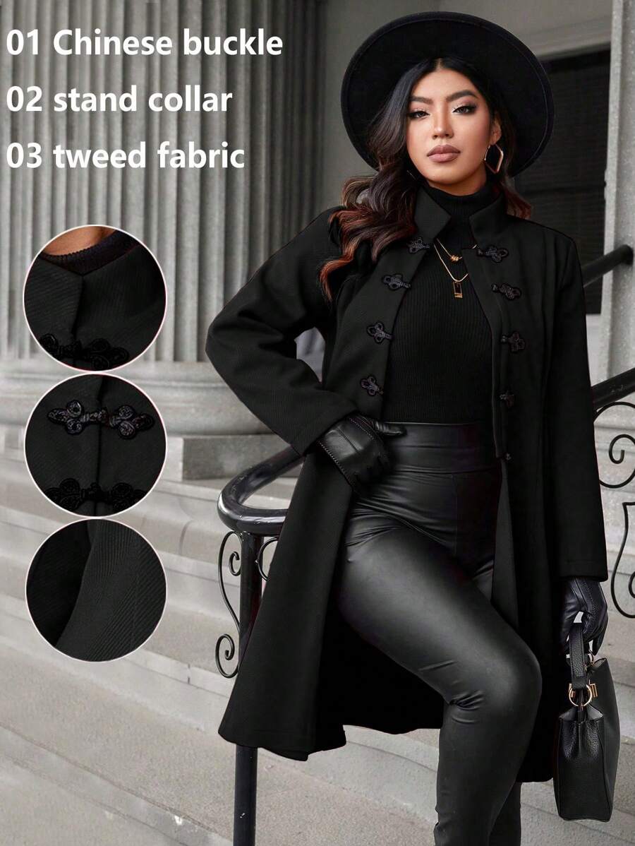 Celure Manteau en tweed mi-long, col montant style chinois, design avec boutons, taille en A, coupe grande taille