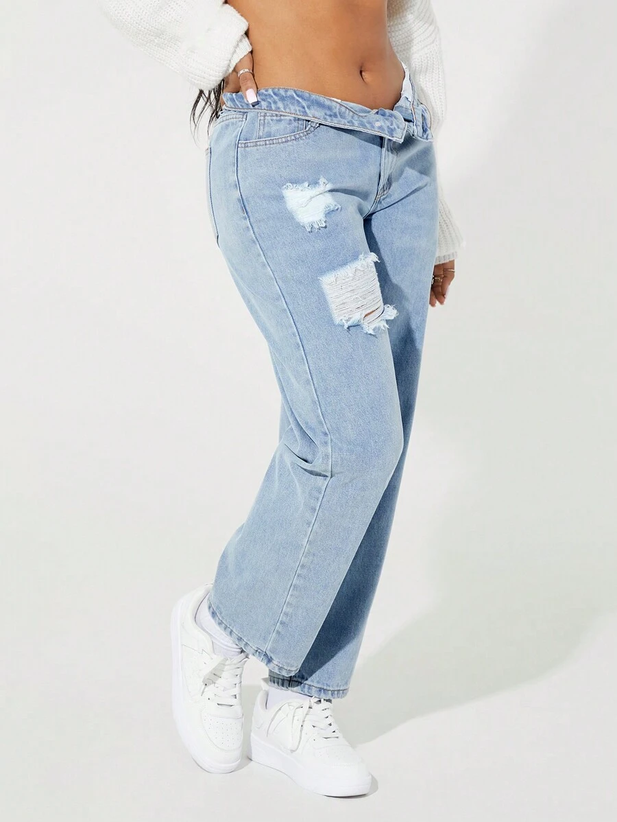 SHEIN SXY Women Button Front Pocket Distressed Casual Denim Jeans, Everyday Wear