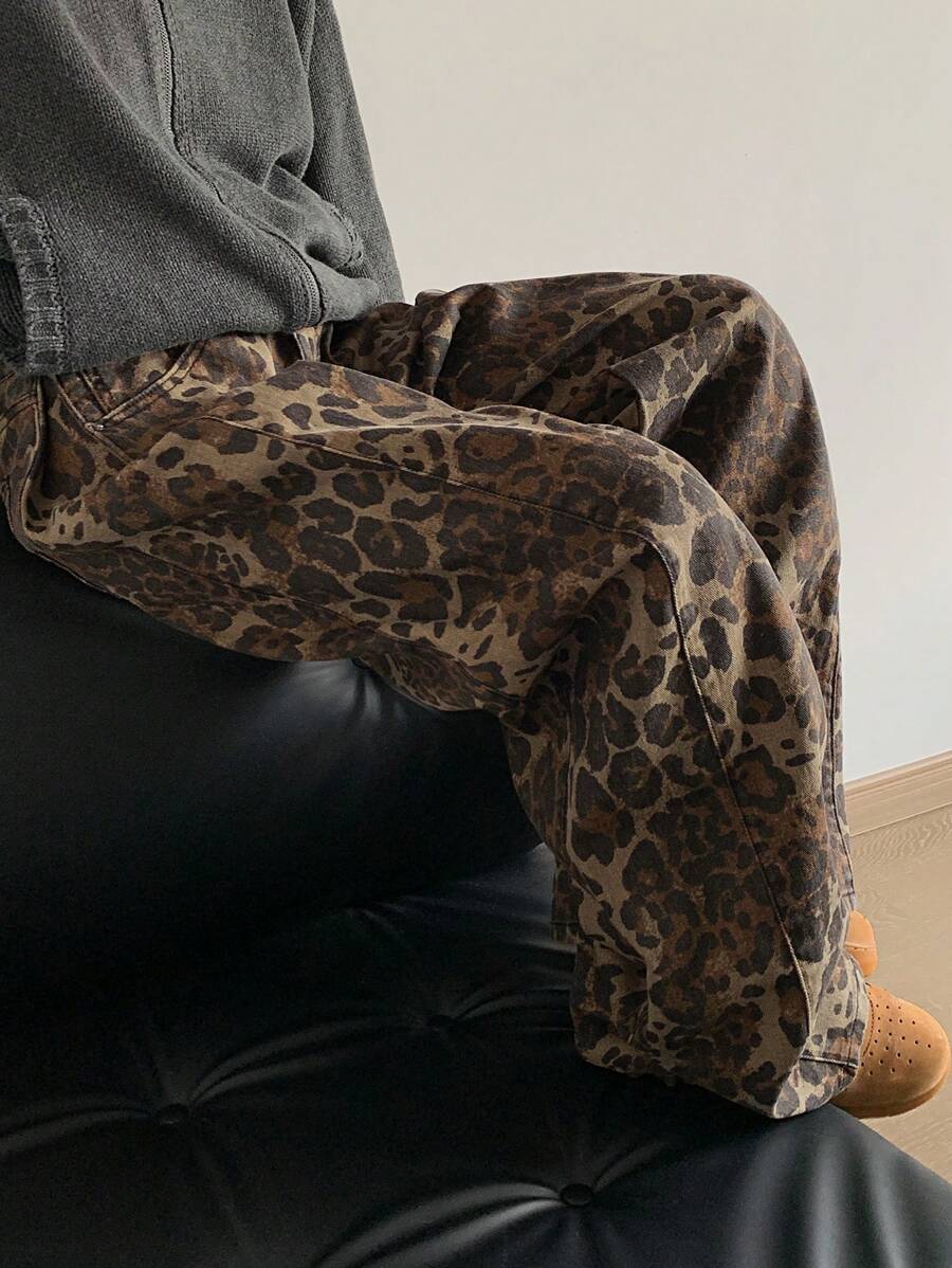DAZY Women Straight Loose Wide-Leg Long Jeans, Casual Street Style Cheetah Print