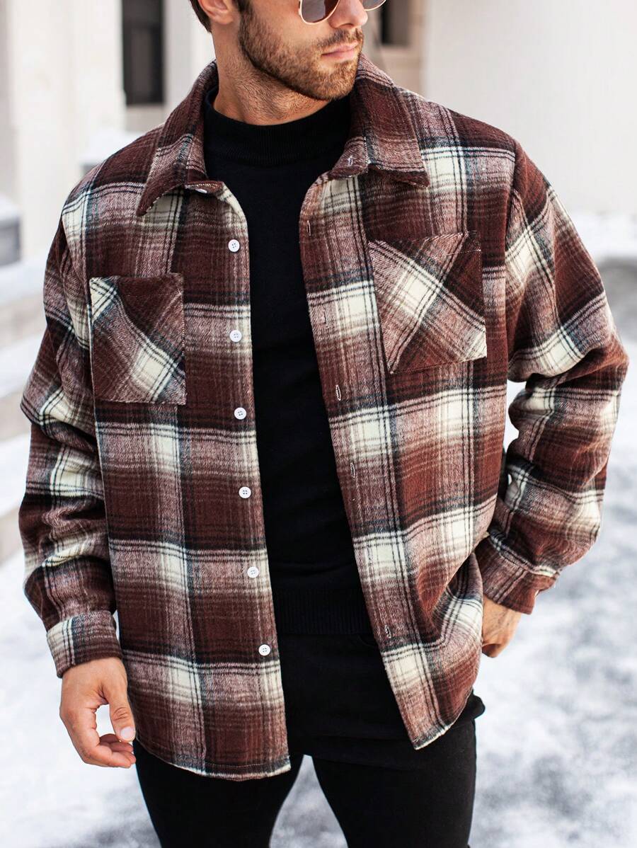 Manfinity Homme Plus Size Men's Front Button Long Sleeve Pocket Plaid Casual Overcoat, Fall Clothes