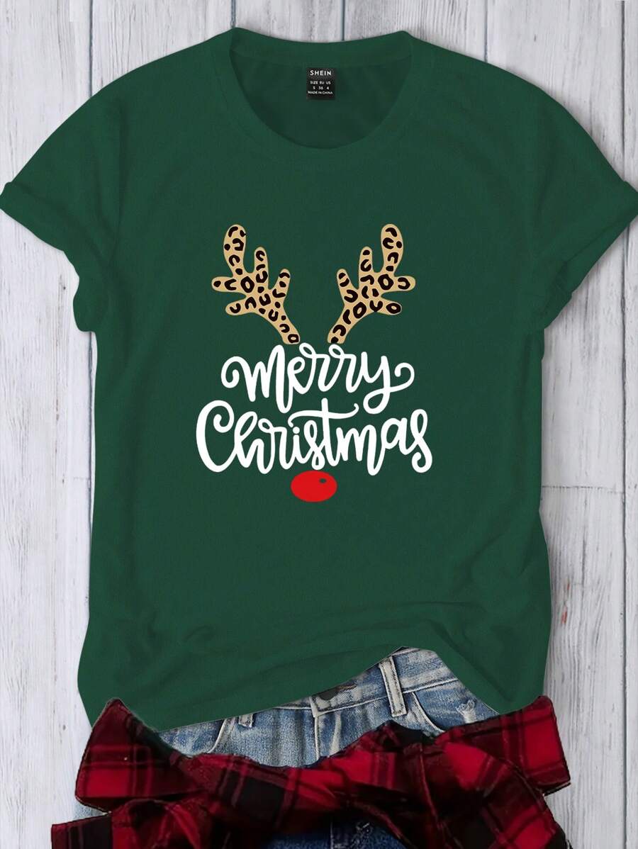 INAWLY Summer Christmas Style Reindeer Antler Print Fitted Casual Round Neck Short Sleeve Plus Size T-Shirt Graphic Tees Women Tops