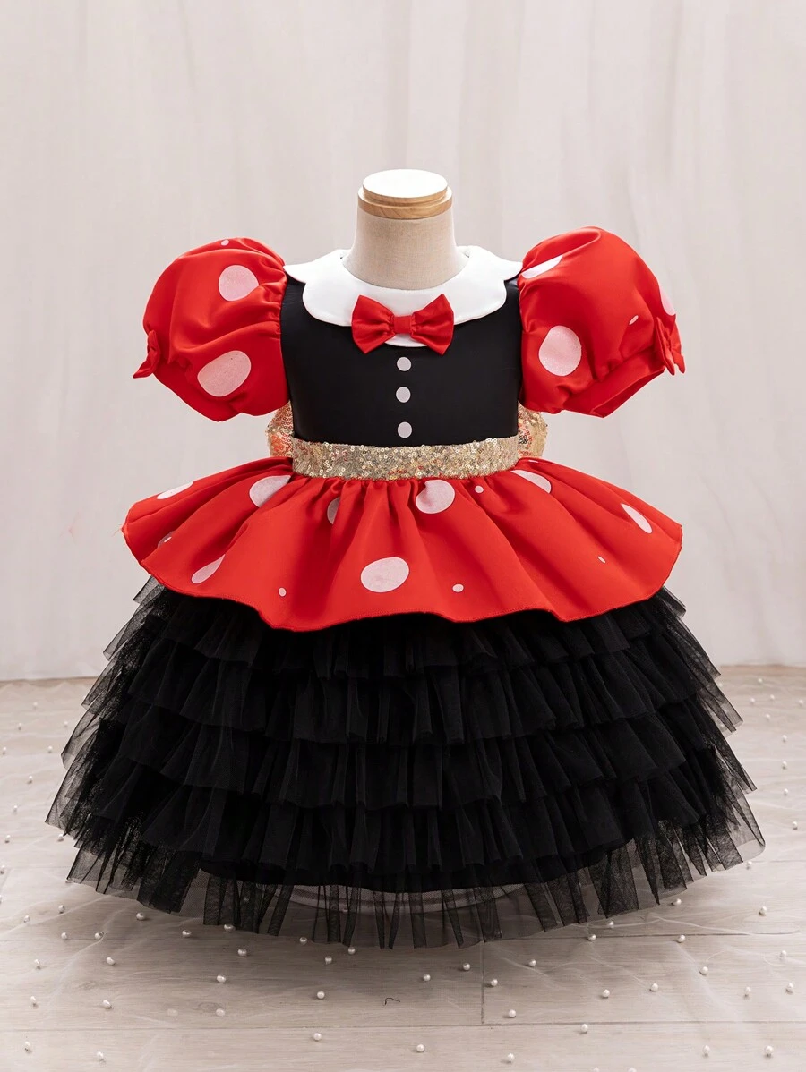 Glamorique Kids Christmas Party Santa Dress, New Year's Dress For Young Girl - Black & White Polka Dot, Sparkle Print, Puff Sleeve Princess Dress With Tiered Skirt, Bowknot, Gold Glitter Stage Performance Costume