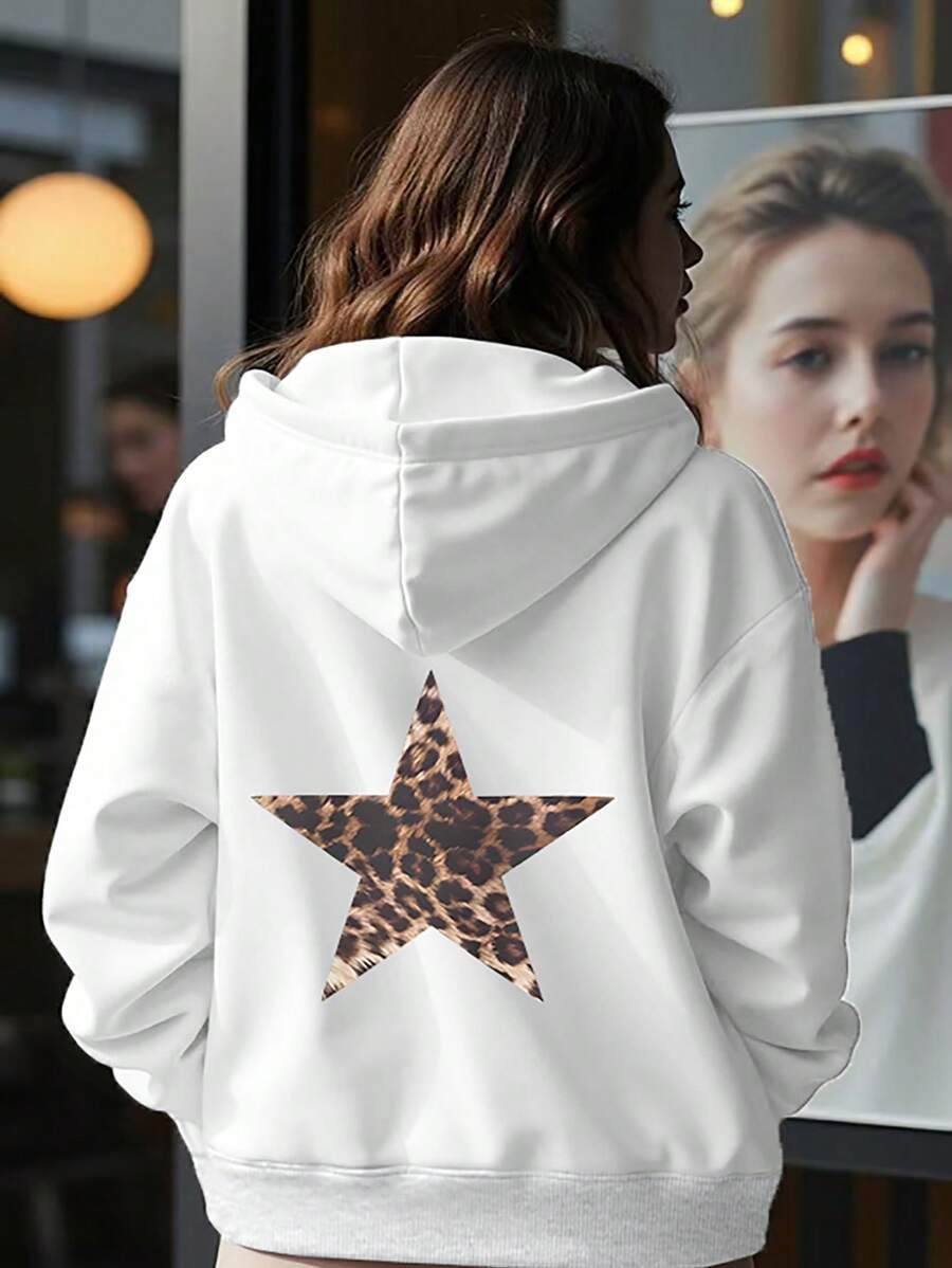 Sudadera con capucha informal y con estampado de leopardo y estrellas para adolescentes