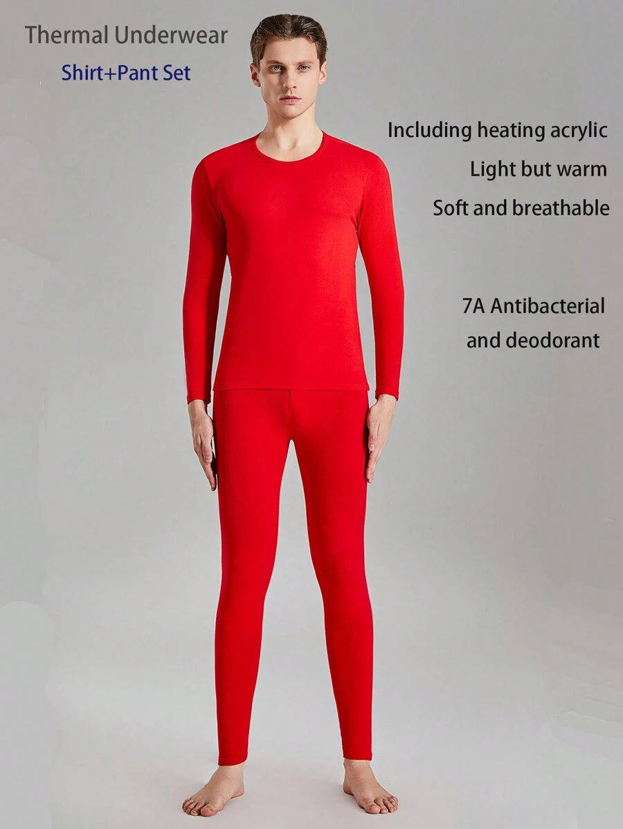 Men Solid Color Minimalist Long Sleeve T-Shirt And Long Pants Set, Thermal Wear