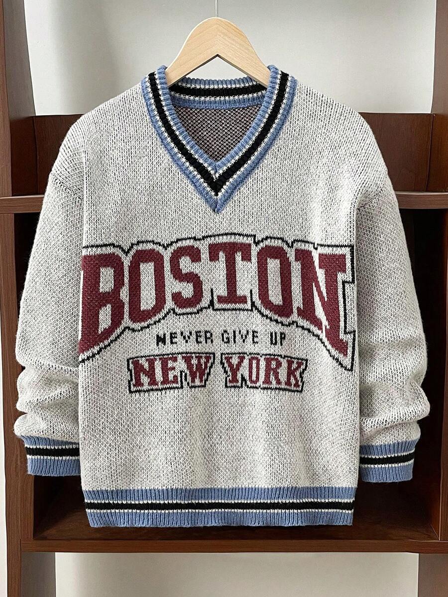 Tween Boy Casual Letter Print Color-Blocked Ribbed V-Neck Loose Sweater, Suitable For Autumn, Spring, And Winter, Ideal For Outdoor Play, School, Street Style, Party, And Casual Wear, Can Be Worn As An Undershirt Or Outerwear