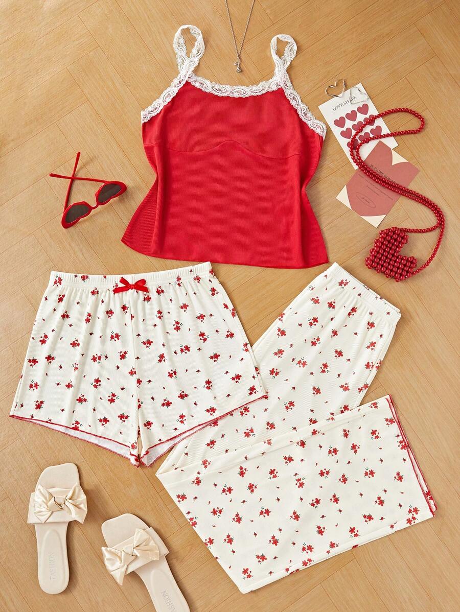 3 stuks/set Floral Lace Slip Top & Shorts & Extra-Long Pants Pyjama Set voor meisjes, Vintage Stijl