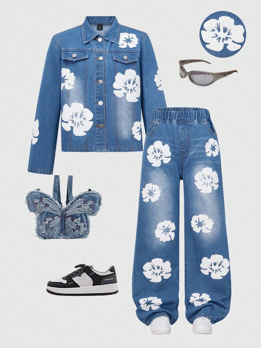 Tween Girl Casual Minimal Print Pattern Washed Denim, All-Match And Comfortable, School, Campus, College