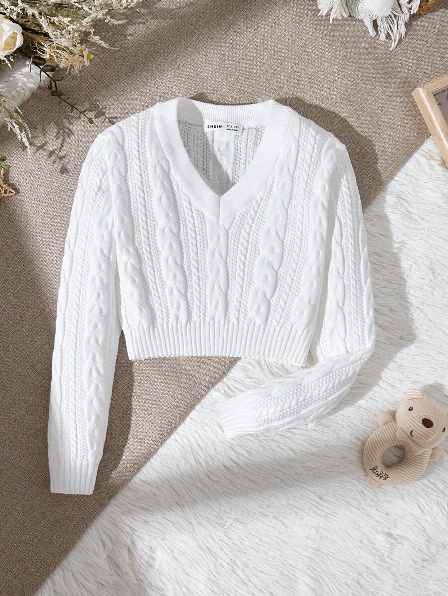 SHEIN Vintaside Kids Tween Girl Drop Shoulder Cable Knit Sweater Cropped Cardigan Girls Kids Sweaters For Girls Girls Ribbed Cardigan Tween Cardigan Scalloped Cardigan