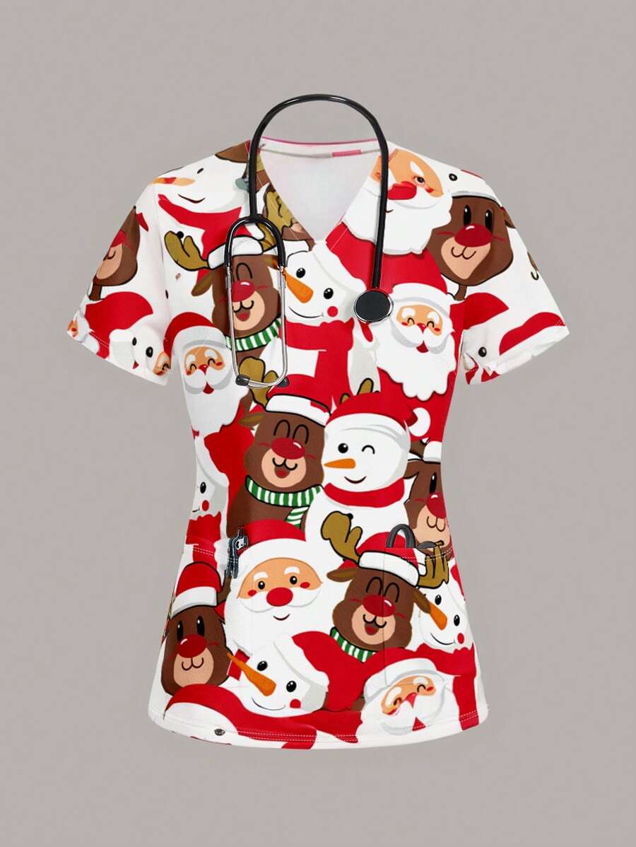 PopScrub Blusa de enfermera de talla grande para mujer, estilo casual y minimalista, con estampado navideño en toda la prenda
