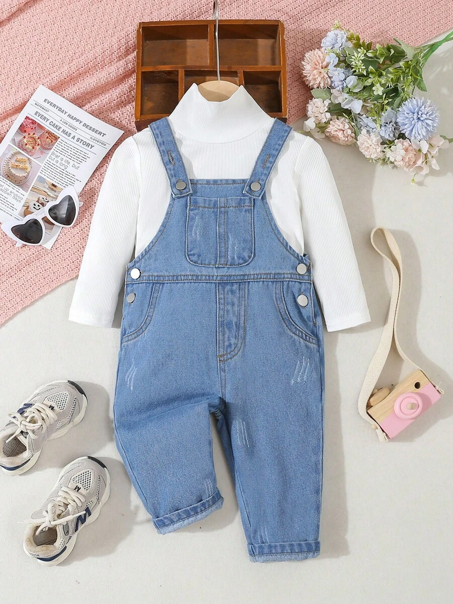 2 sztuki/zestaw dla małych dziewczynek, swobodny, w paski, z długim rękawem, dzianinowy top T-shirt + luźne, słodkie, proste spodnie z szelkami z dżinsu, ciepły strój