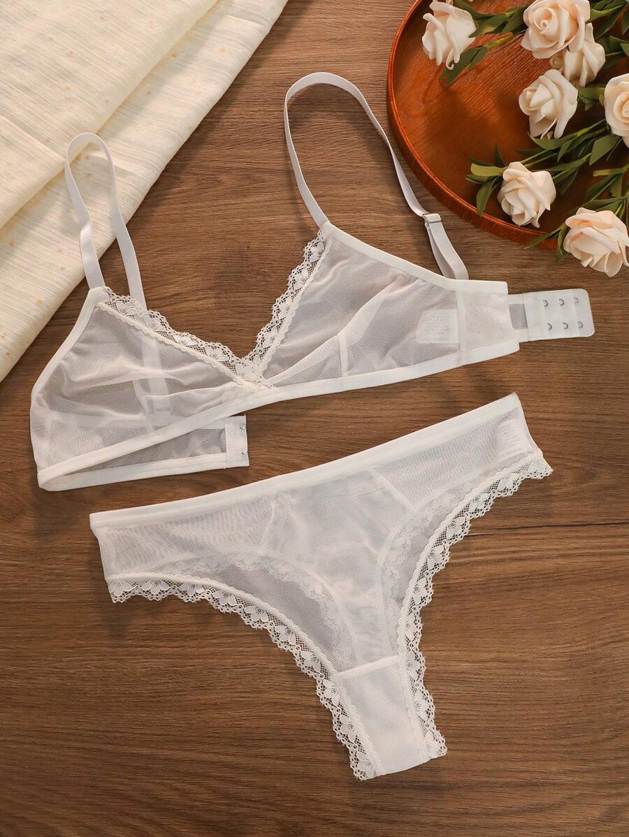 2pcs Women Lace Sheer Wireless Bra And Thong Panty Lingerie Set