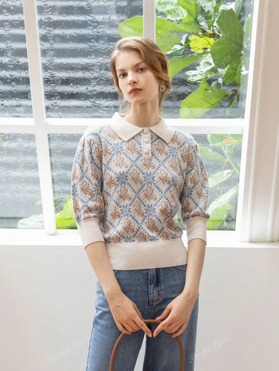 Simple Retro Wool Women's Autumn And Winter Casual Shirt Collar Collision Printed Pink Elegant Retro Pullover Sweater