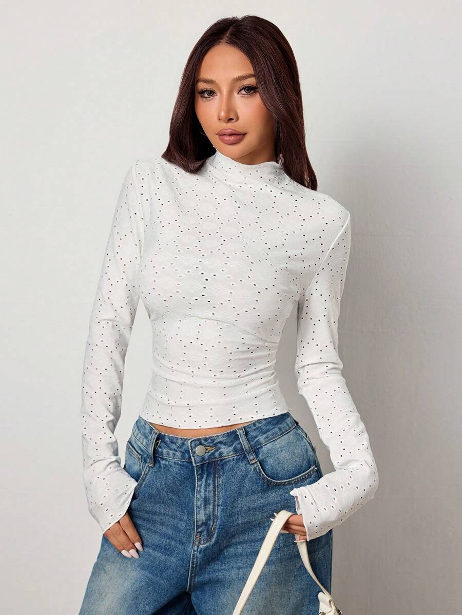 SHEIN EZwear 1 pièce T-shirt basic ajusté à manches longues, col montant, couleur unie, pour femmes