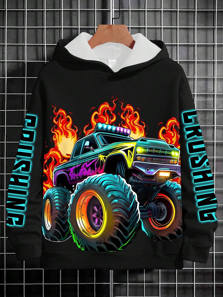 GraphicGems Young Boy Hoodie With Truck & Digital All-Over Print, Casual Style