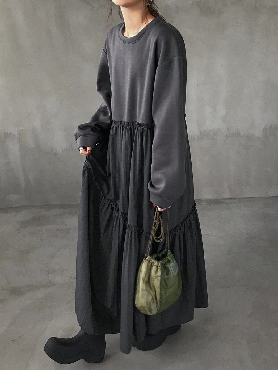 FRIFUL Women Round Neck Long Sleeve Pleated Minimalist Mid-Length Casual Dress,Fall Clothes