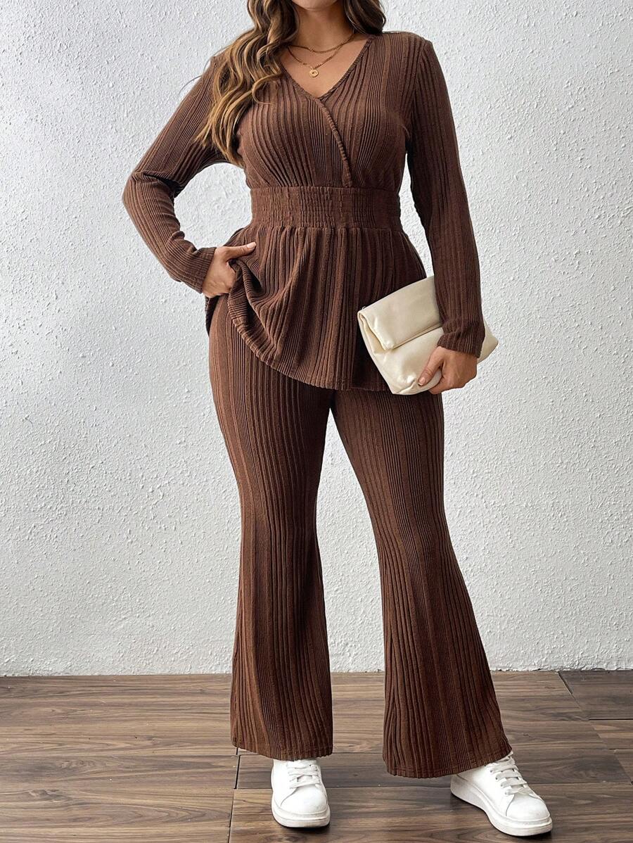 SHEIN LUNE 2pcs/Set Women Plus Size Striped Knit Drawstring Shirred Top & Relaxed Pants, Elegant Autumn/Winter Outfit