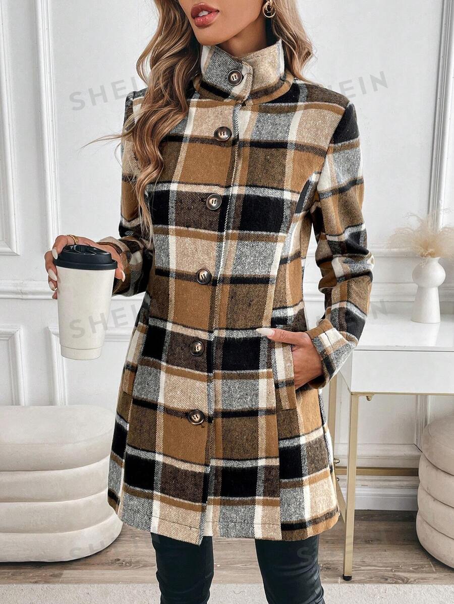 SHEIN Clasi Chaqueta con cuello alto de botones para mujer, abrigo de cuadros para otoño e invierno