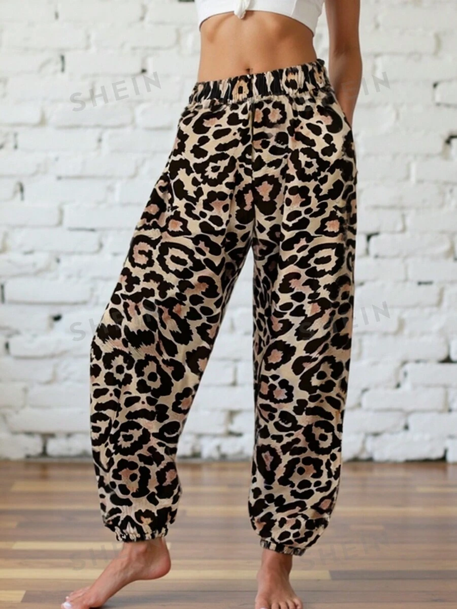 INAWLY Pantalón deportivo casual de mujer con cintura elástica, estampado de leopardo y dobladillo con cordón