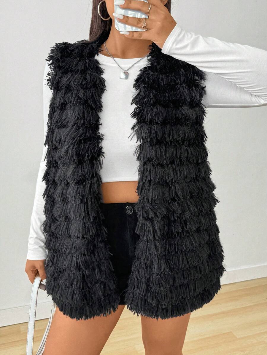 SHEIN EZwear Plus Size Women Fluffy Coat, Black Furry Jacket For Fall