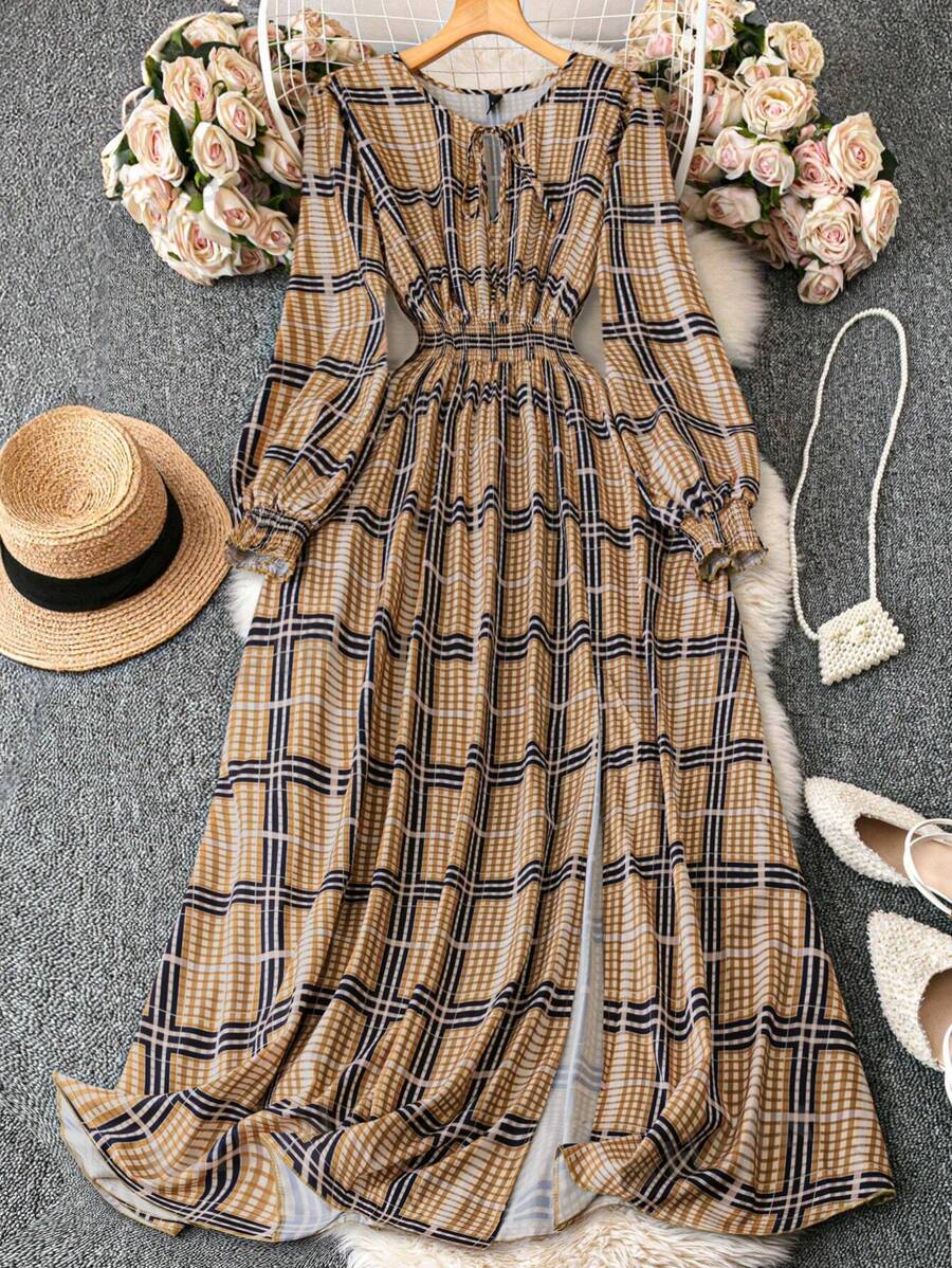 SHEIN Clasi Vestido casual de manga larga con nudo delantero y estampado a cuadros talla grande