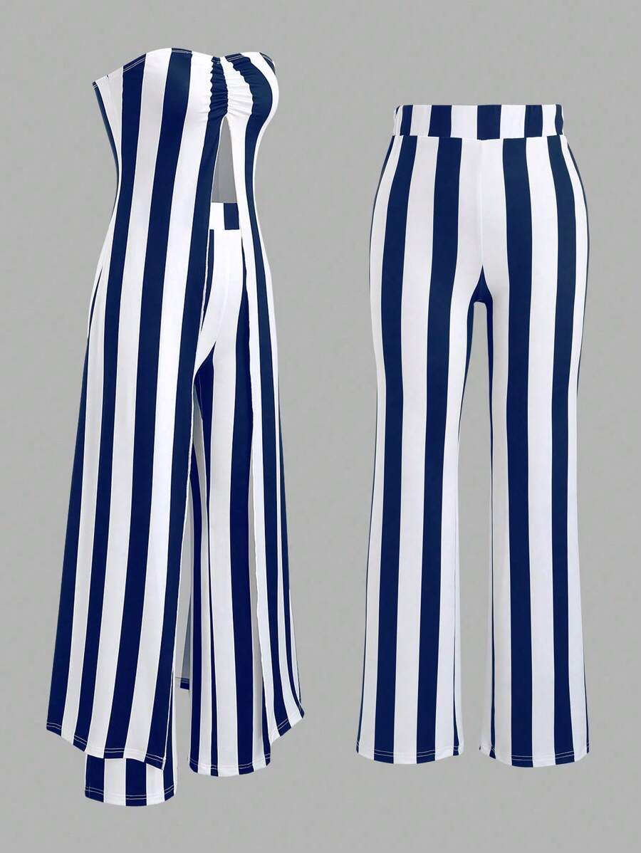 Flirla Women Stripe Ruched Bandeau Crop Top And Pants Set (Random Cut)