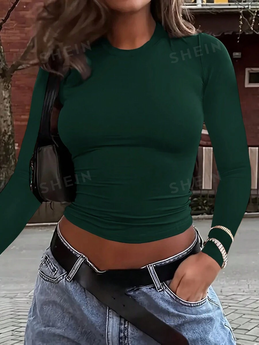 INAWLY Solva Camiseta sencilla de mujer de manga larga y cuello redondo de unicolor, para uso cotidiano casual en primavera