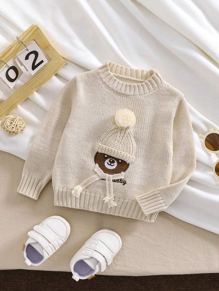 Baby Mädchen Lässig Pullover mit Cartoon Bär Muster, Rundhals-Ausschnitt, Langarm, locker gestrickt, geeignet für den täglichen Gebrauch, Familientreffen und Outdoor-Aktivitäten, Herbst/Winter