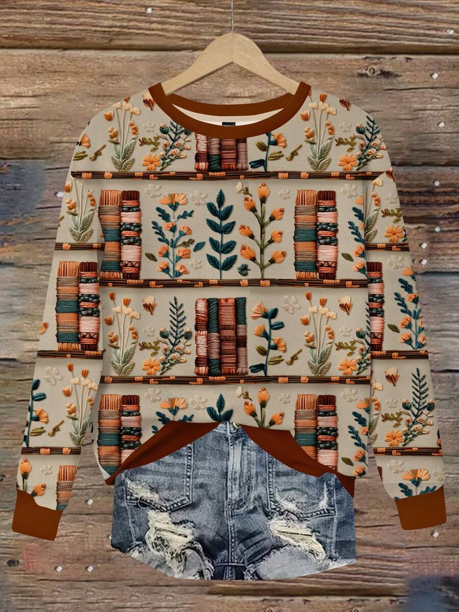 SHEIN LUNE Sudadera holgada con estampado completo sencillo y casual para mujer de talla grande, otoño e invierno