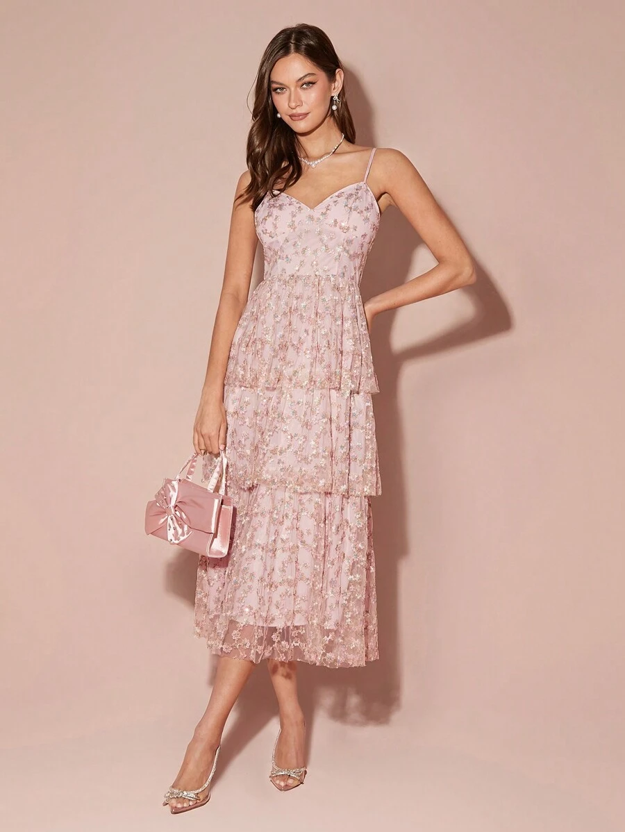 Enchnt Women's Pink V-Neck Mesh Embroidered Floral Waist With Cake Tiered Hem, Thin Sleeveless Waist And Elegant, Cute Long Spaghetti Strap Dress, French Spaghetti Strap Dress, Party, Date Spaghetti Strap Dress, Pastoral Spaghetti Strap Dress, Holiday, Fall Winter