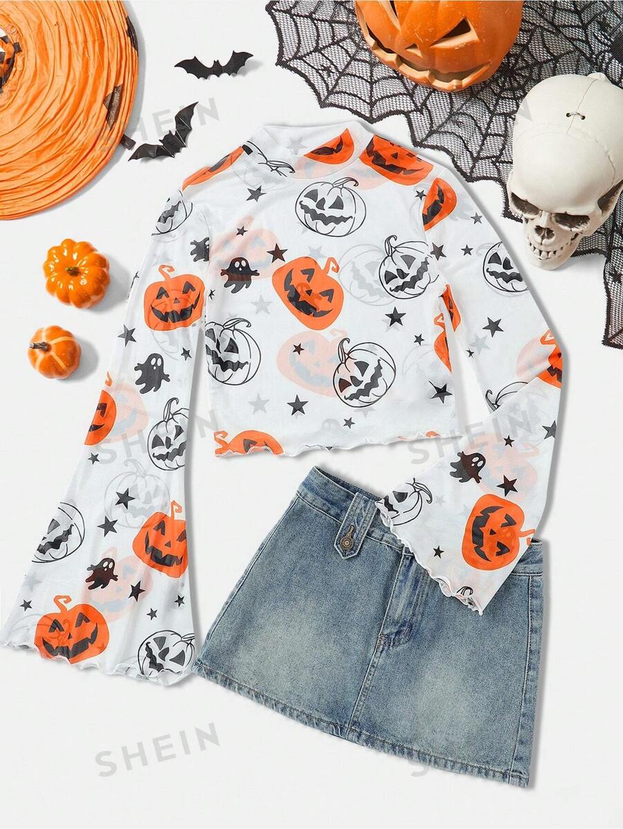 SHEIN VCAY Blusa holgada con mangas campana y estampado de calabazas para mujeres, ropa de Halloween