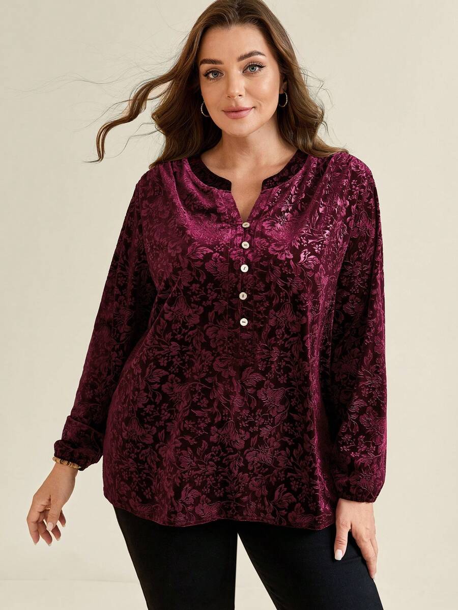 SHEIN Clasi Plus Size Women Floral Print V-Neck Long Sleeve Elegant Blouse