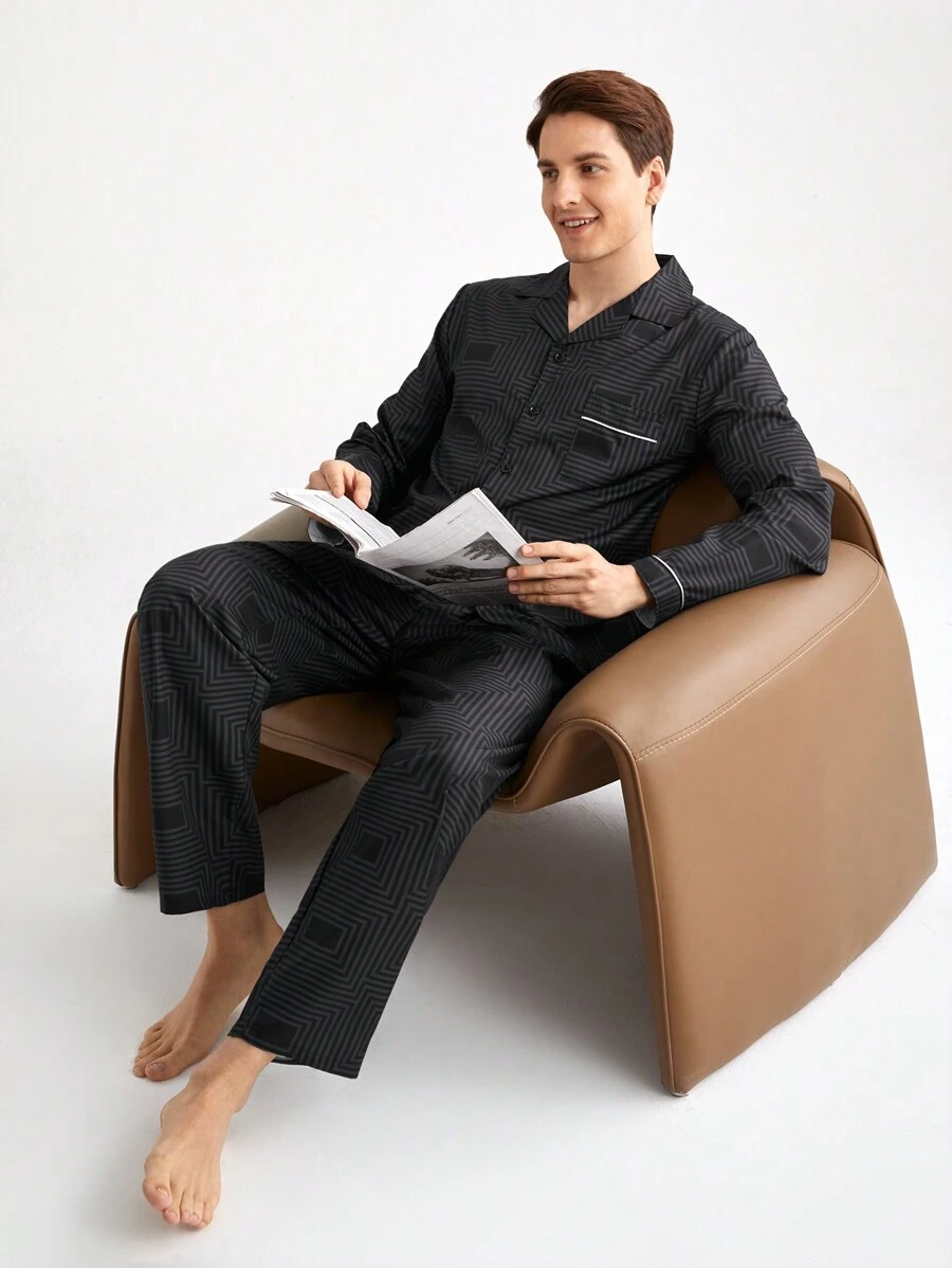 2pcs Casual Men Striped Front Button Long Sleeve Top & Pants Loungewear Set
