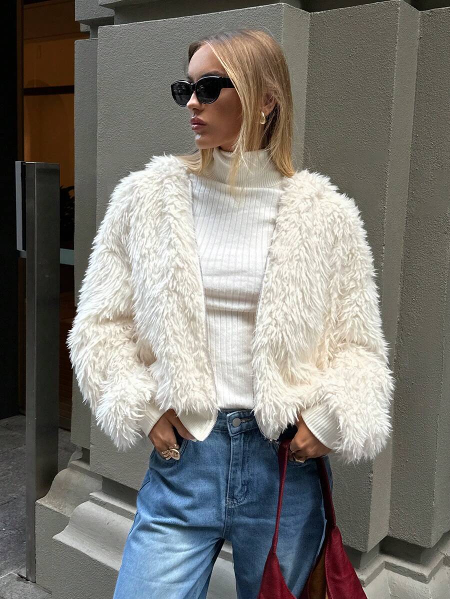 Aloruh Women Casual Chic Hooded Loose Long Sleeve Fluffy Warm Jacket