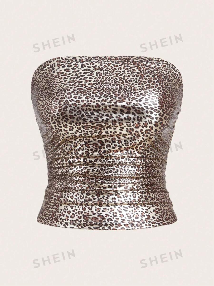 SHEIN EZwear Parte superior corta de estilo retro con estampado de leopardo para mujer talla grande