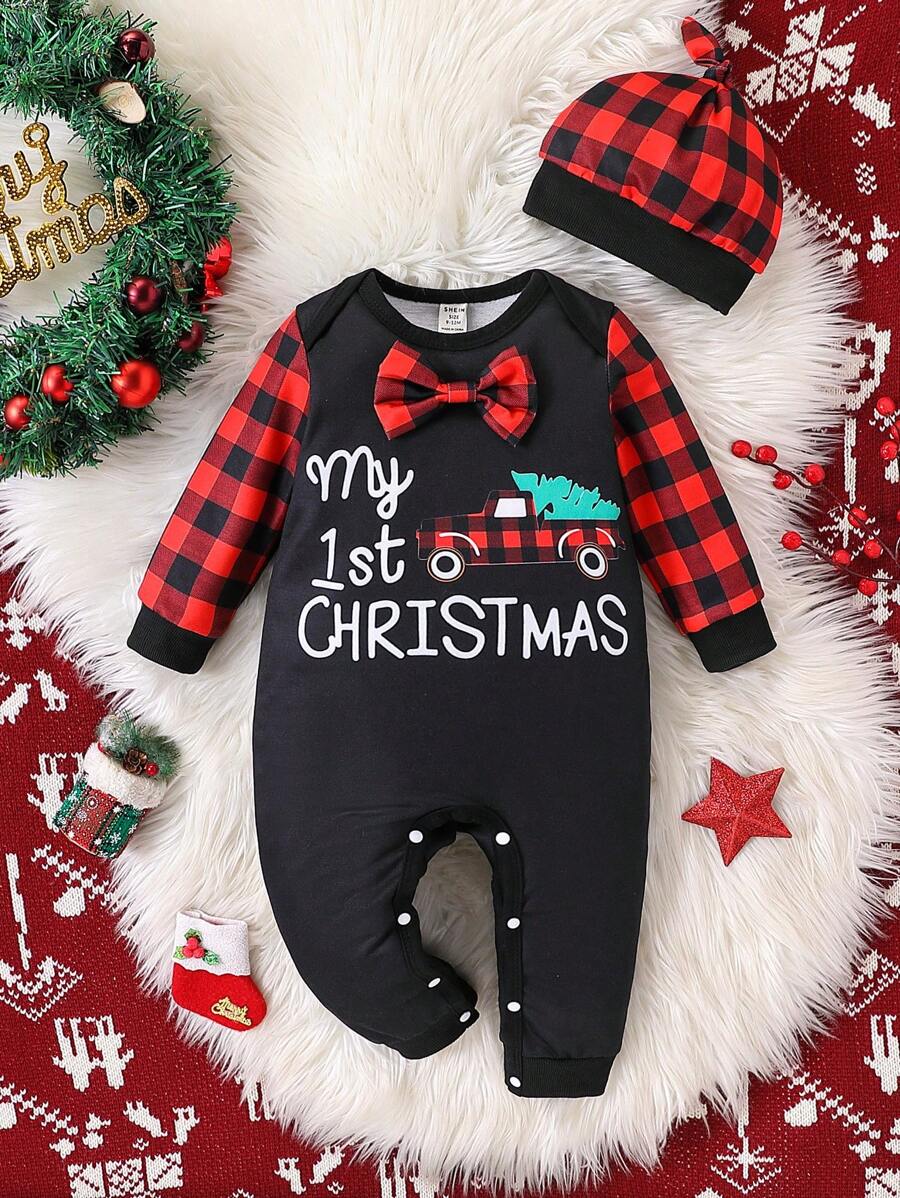Newborn Baby Boy Christmas Slogan Graphic Contrast Trim Jumpsuit & Hat(3-24M)