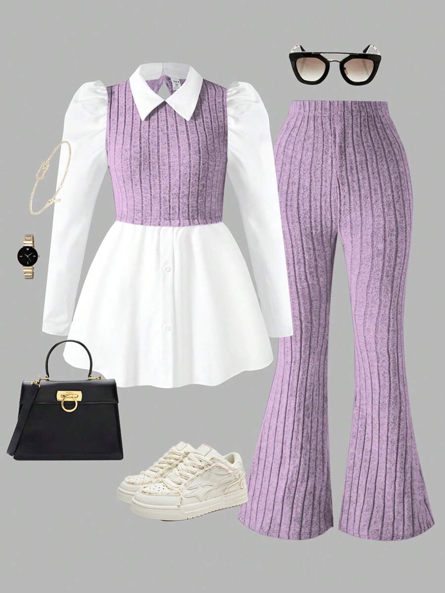 2pcs/Set Teen Girl Ribbed Splice Puff Sleeve Shirt And Ribbed Elastic Waist Flare Pants