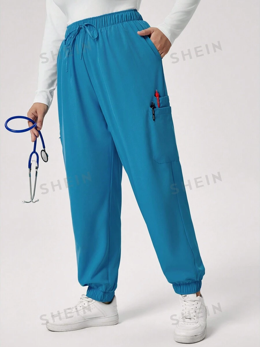 TaskEZ Pantalones de uniforme tipo pantalón de pijama de pierna entallada con lazo en la cintura de unicolor para mujeres talla grande, adecuados para ropa de cuidados médicos